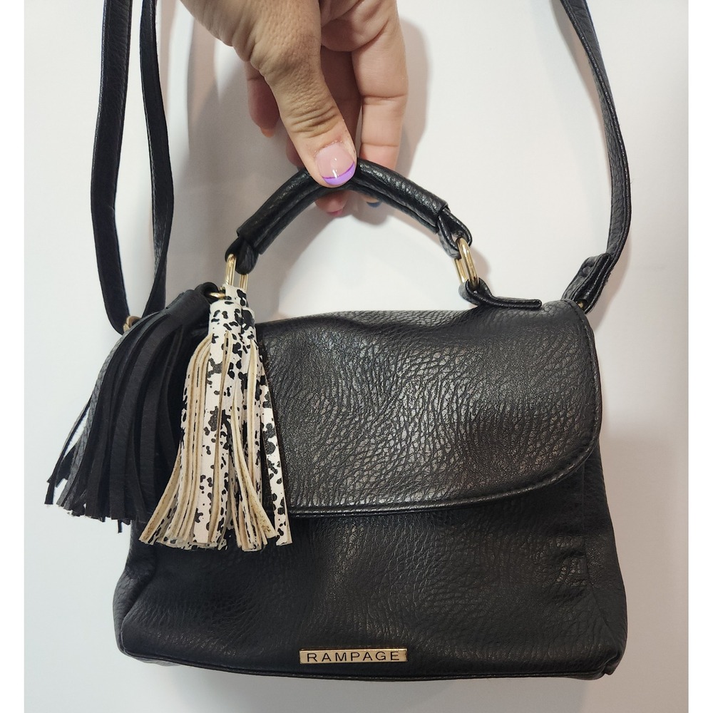 Rampage Black Pebbled Crossbody Bag Tassel Charm Top Handle Purse Gold Hardware